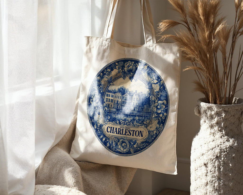 Charleston South Carolina Tote Bag, Delft Style Personalized Destination, City Wedding Gift Souvenir Cotton
