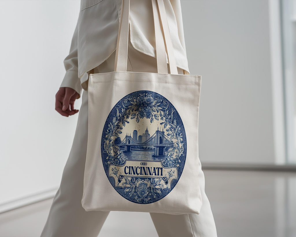 Cincinnati Ohio Tote Bag, Delft Style Personalized Destination, City Wedding Gift Souvenir Cotton