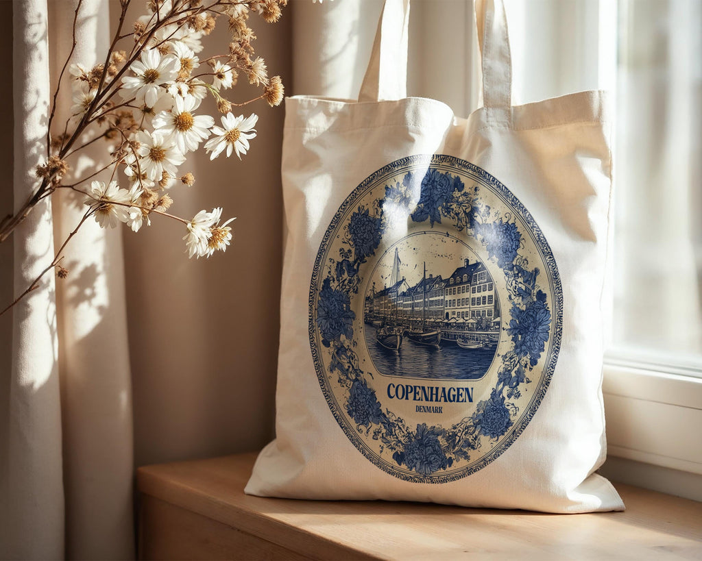 Copenhagen Denmark Tote Bag, Delft Style Personalized Destination, City Wedding Gift Souvenir Cotton