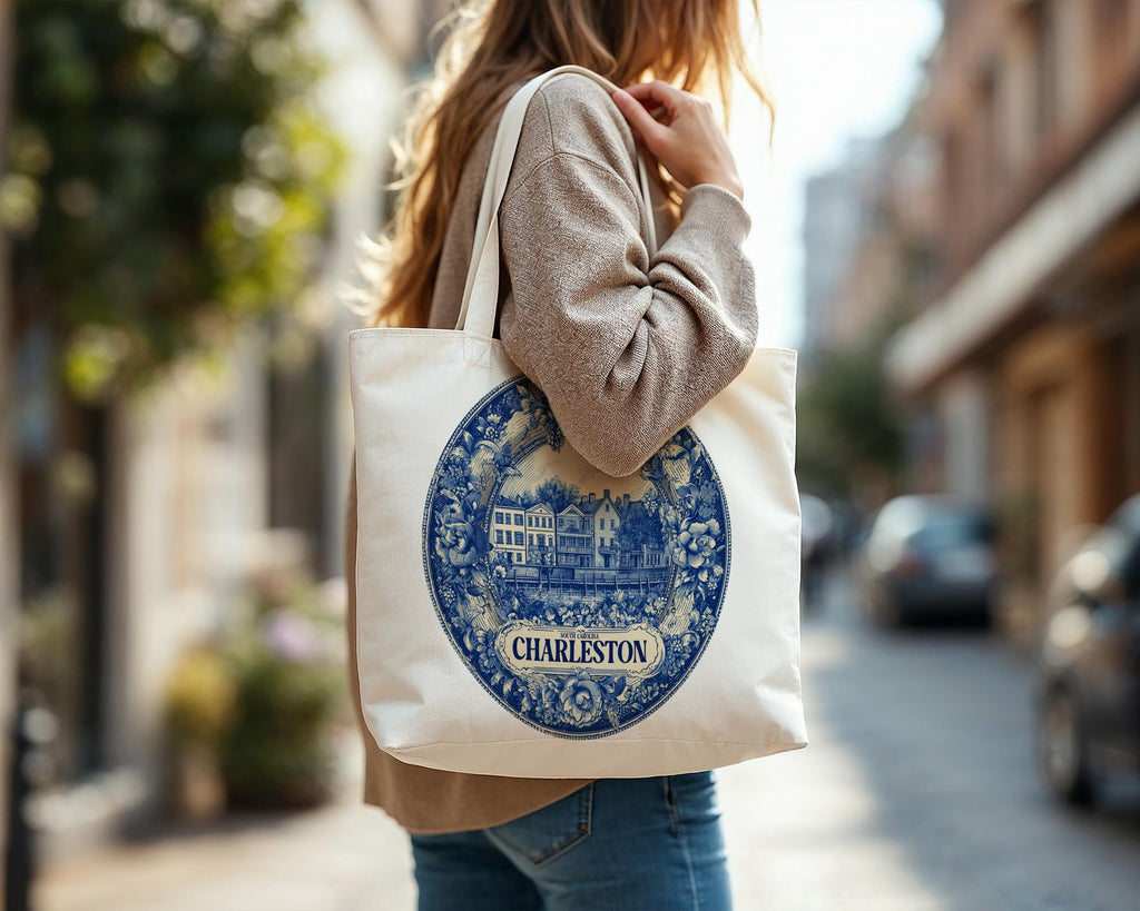 Charleston South Carolina Tote Bag, Delft Style Personalized Destination, City Wedding Gift Souvenir Cotton