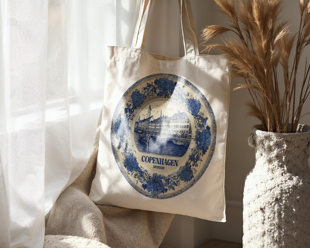 Copenhagen Denmark Tote Bag, Delft Style Personalized Destination, City Wedding Gift Souvenir Cotton