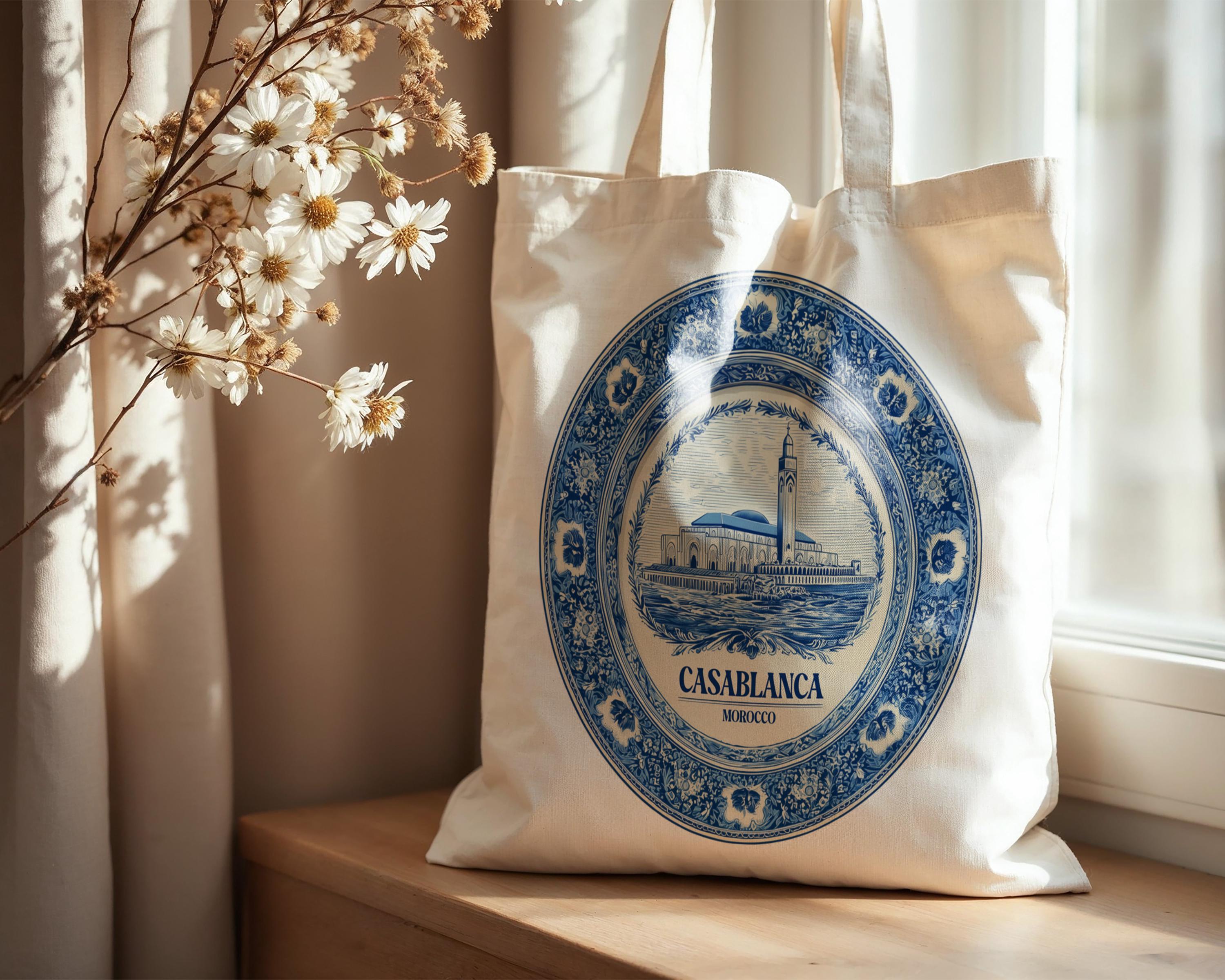Casablanca Morocco Tote Bag, Delft Style Personalized Destination, City Wedding Gift Souvenir Cotton