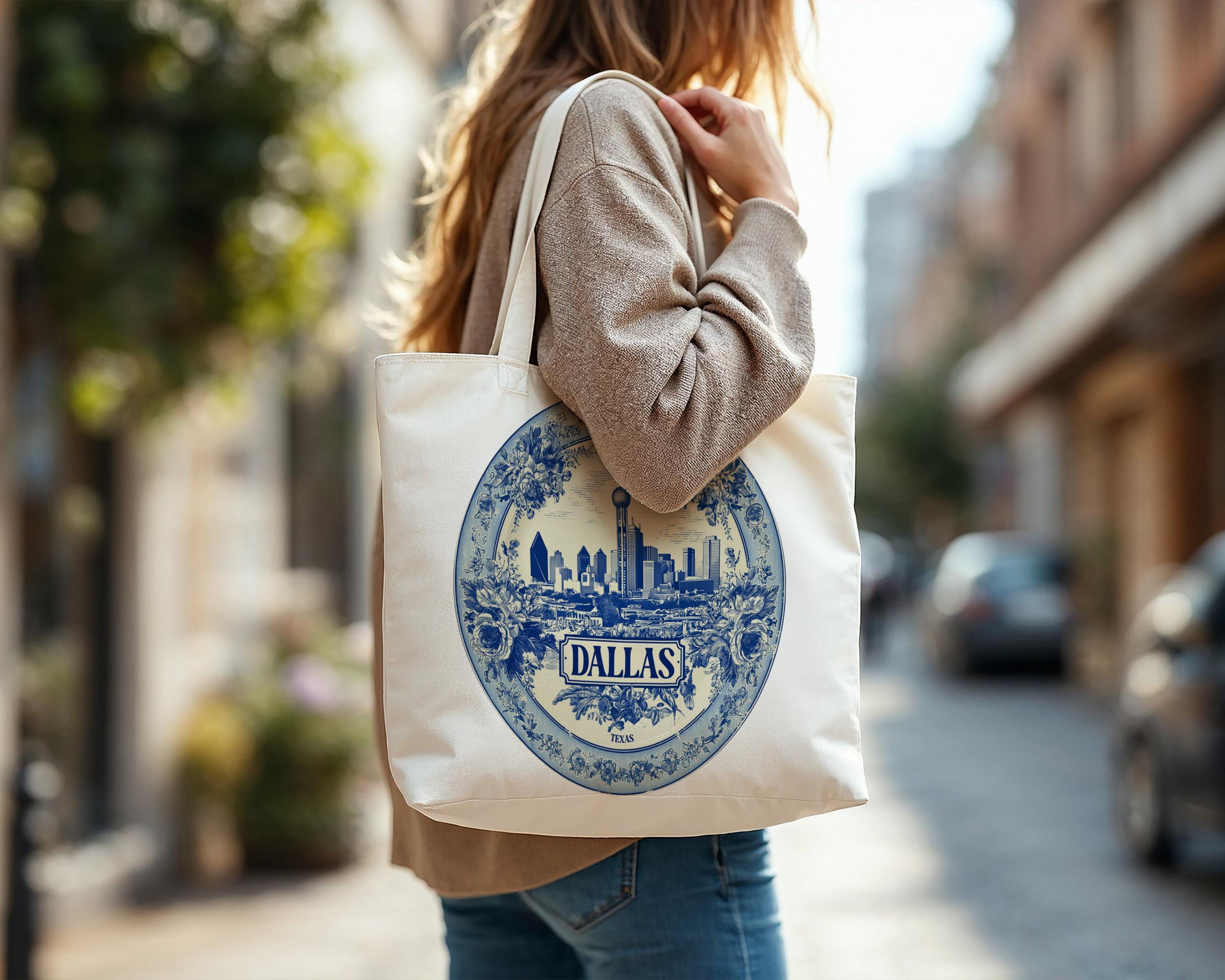 Dallas Texas Tote Bag, Delft Style Personalized Destination, City Wedding Gift Souvenir Cotton