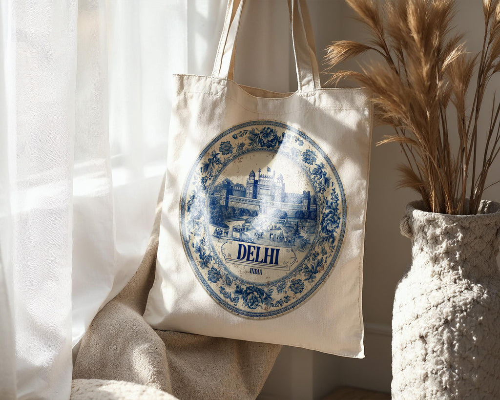 Delhi India Tote Bag, Delft Style Personalized Destination, City Wedding Gift Souvenir Cotton