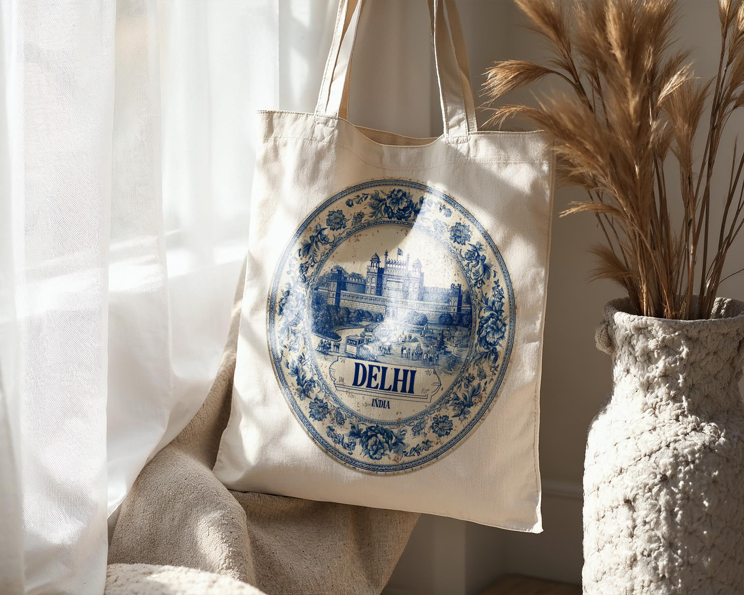 Delhi India Tote Bag, Delft Style Personalized Destination, City Wedding Gift Souvenir Cotton