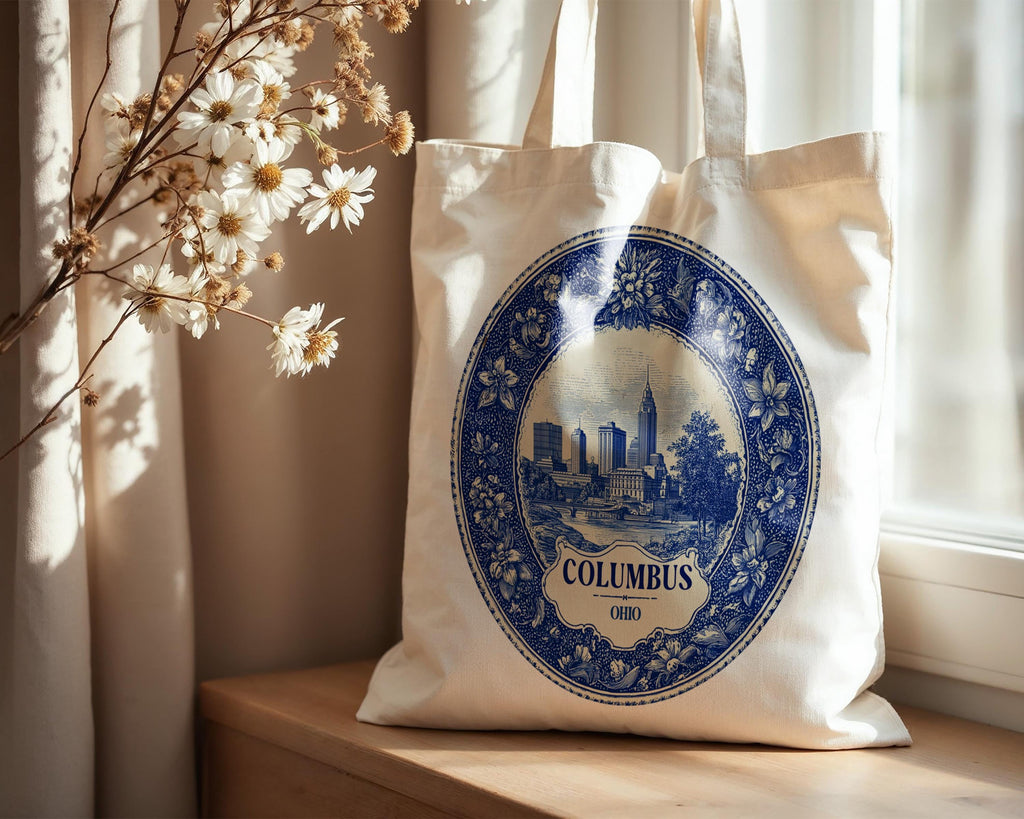 Columbus Ohio Tote Bag, Delft Style Personalized Destination, City Wedding Gift Souvenir Cotton