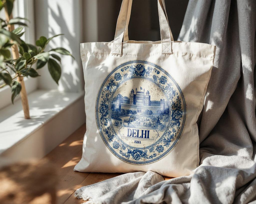 Delhi India Tote Bag, Delft Style Personalized Destination, City Wedding Gift Souvenir Cotton