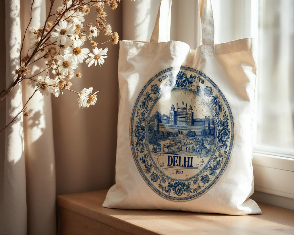 Delhi India Tote Bag, Delft Style Personalized Destination, City Wedding Gift Souvenir Cotton