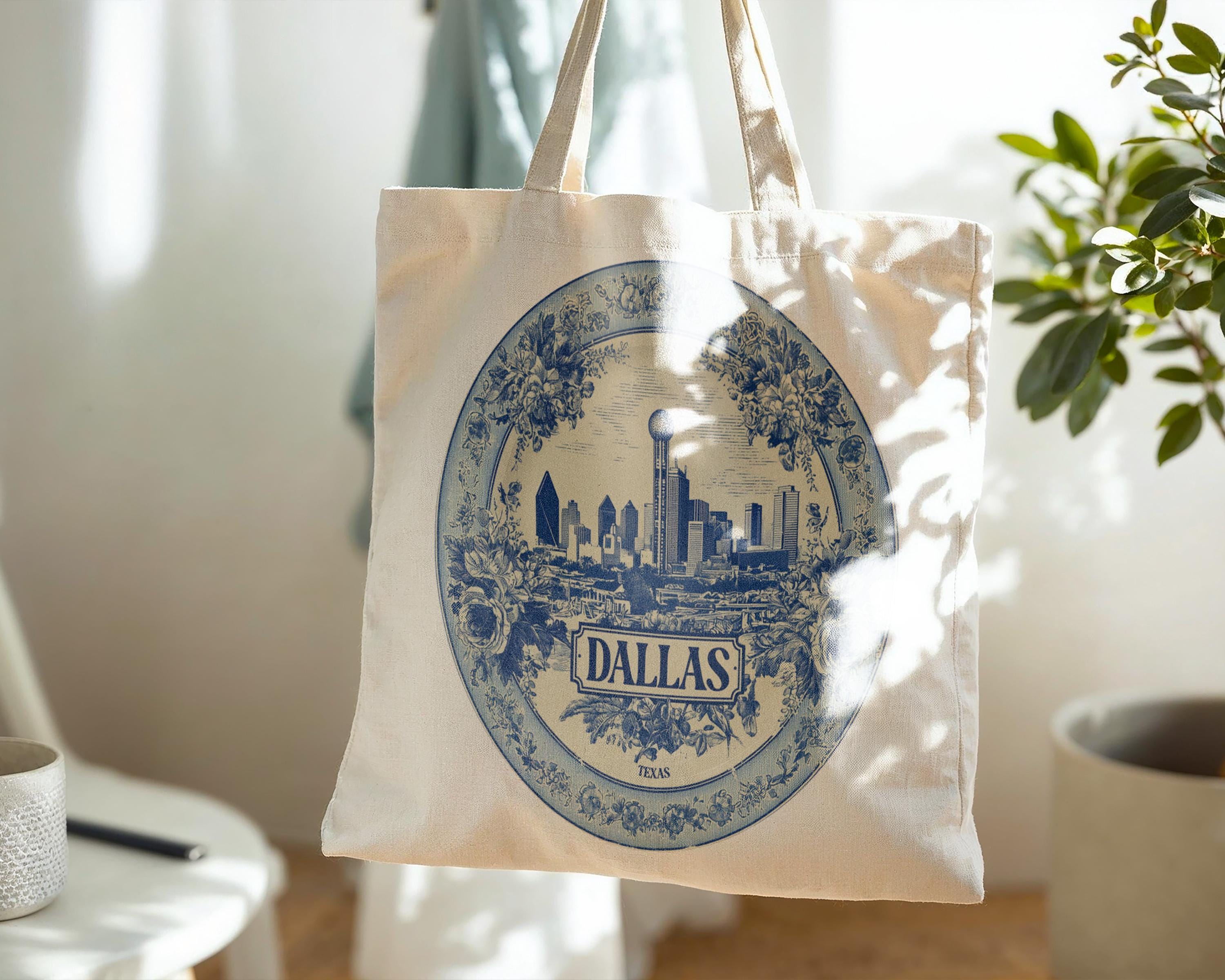 Dallas Texas Tote Bag, Delft Style Personalized Destination, City Wedding Gift Souvenir Cotton