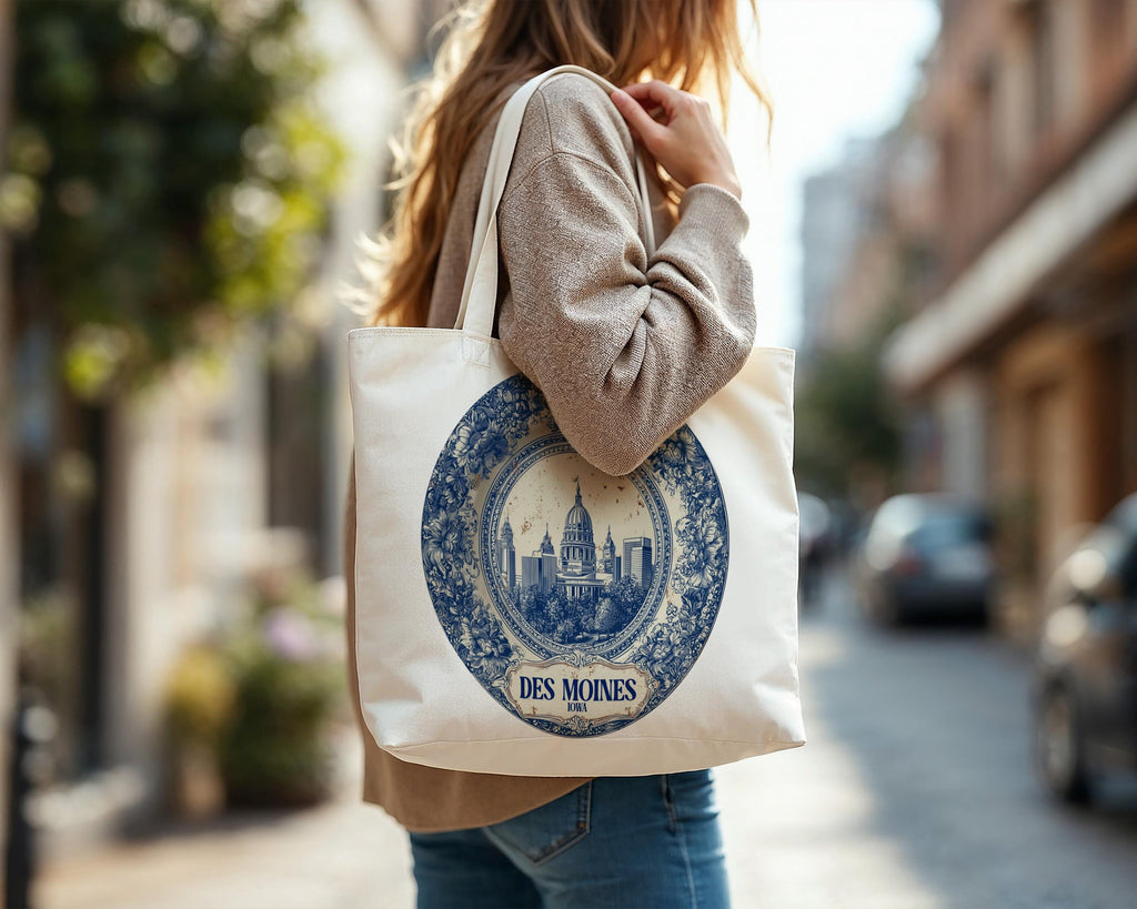 Des Moines Iowa Tote Bag, Delft Style Personalized Destination, City Wedding Gift Souvenir Cotton