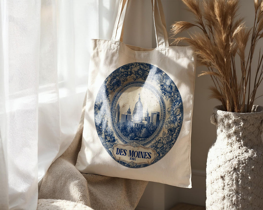 Des Moines Iowa Tote Bag, Delft Style Personalized Destination, City Wedding Gift Souvenir Cotton