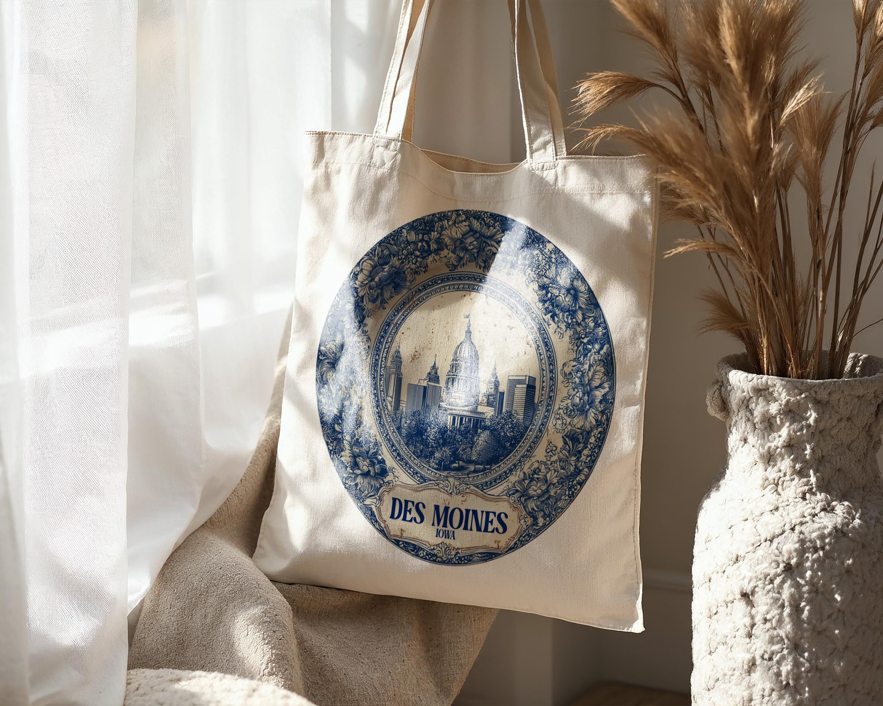 Des Moines Iowa Tote Bag, Delft Style Personalized Destination, City Wedding Gift Souvenir Cotton