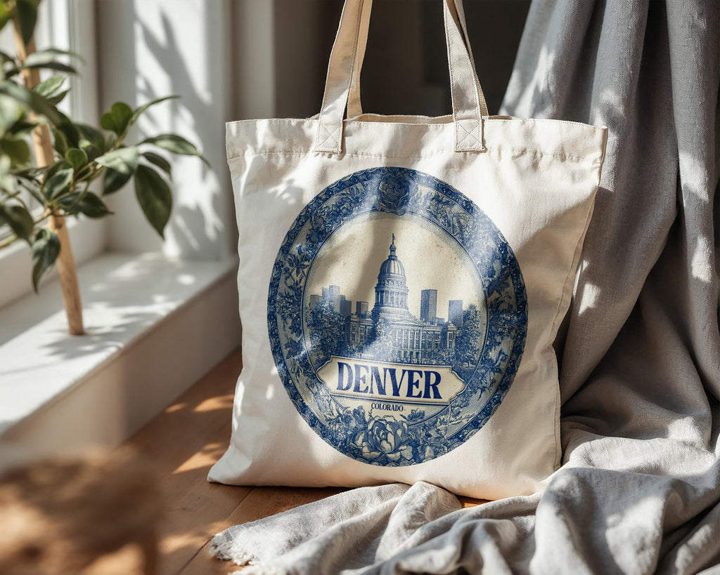 Denver Colorado Tote Bag, Delft Style Personalized Destination, City Wedding Gift Souvenir Cotton