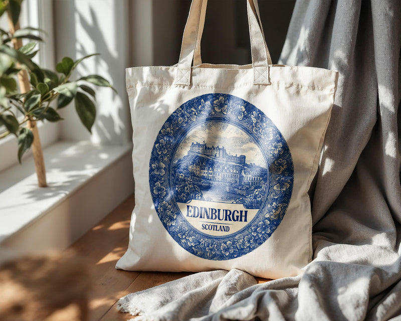 Edinburgh Scotland Tote Bag, Delft Style Personalized Destination, City Wedding Gift Souvenir Cotton