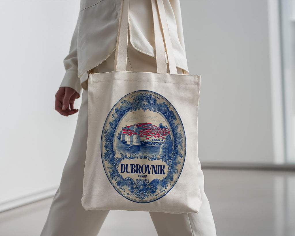 Dubrovnik Croatia Tote Bag, Delft Style Personalized Destination, City Wedding Gift Souvenir Cotton