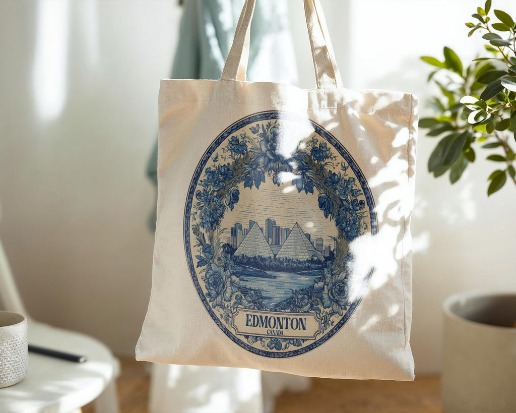 Edmonton Canada Tote Bag, Delft Style Personalized Destination, City Wedding Gift Souvenir Cotton