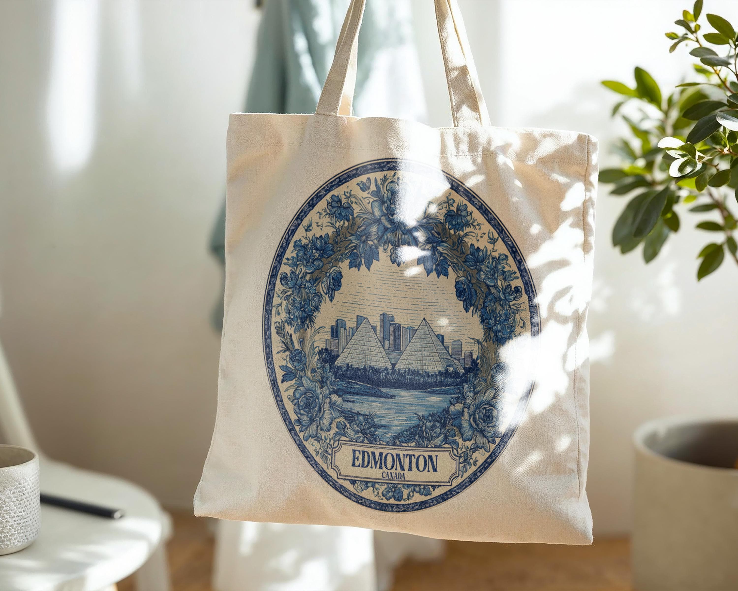 Edmonton Canada Tote Bag, Delft Style Personalized Destination, City Wedding Gift Souvenir Cotton