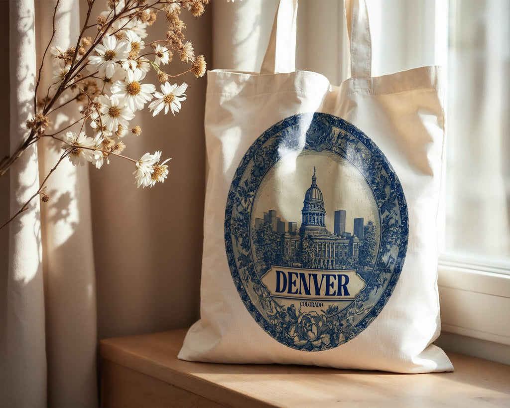 Denver Colorado Tote Bag, Delft Style Personalized Destination, City Wedding Gift Souvenir Cotton