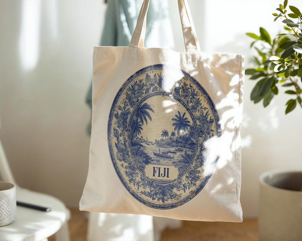 Fiji Tote Bag, Delft Style Personalized Destination, City Wedding Gift Souvenir Cotton