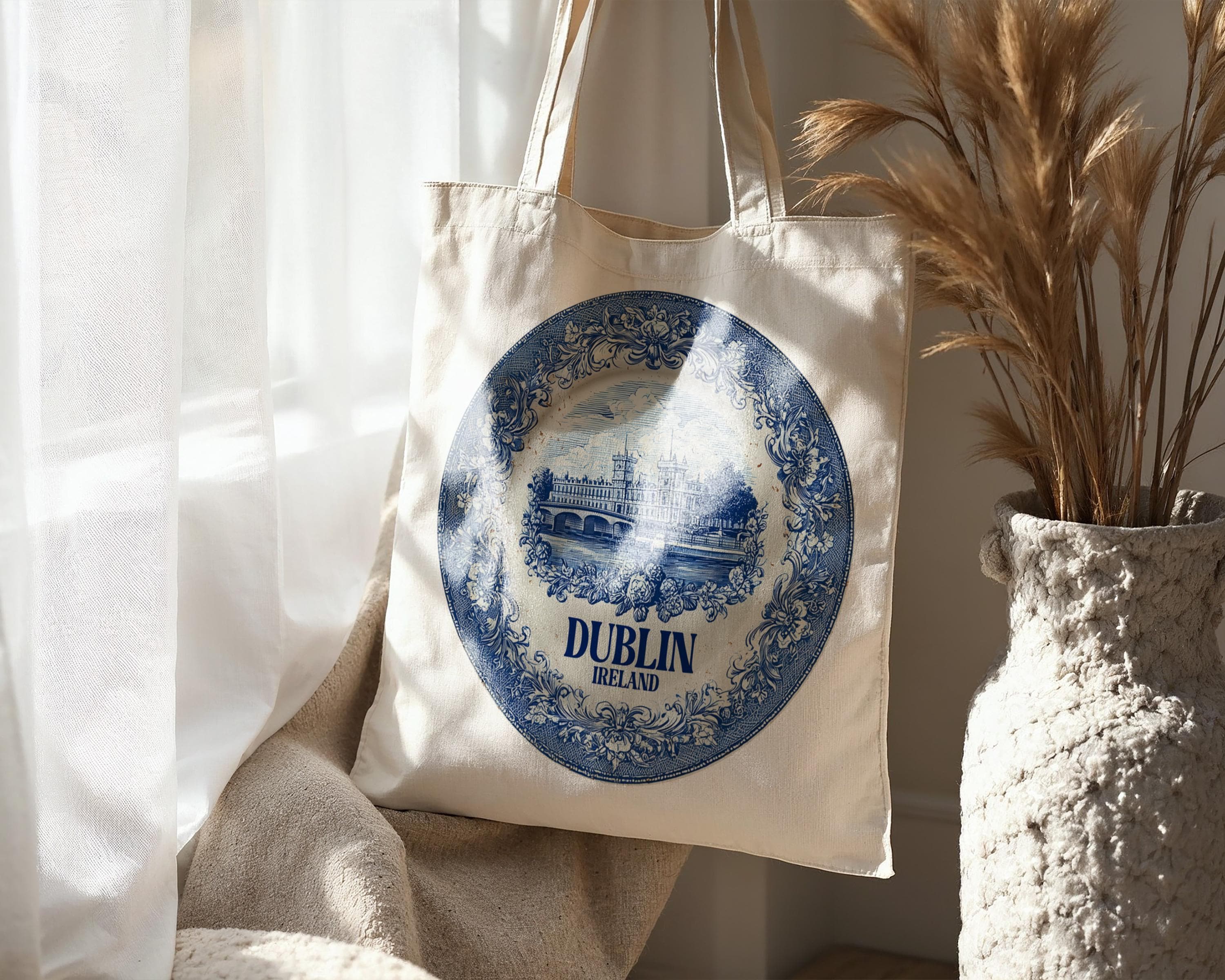 Dublin Ireland Tote Bag, Delft Style Personalized Destination, City Wedding Gift Souvenir Cotton
