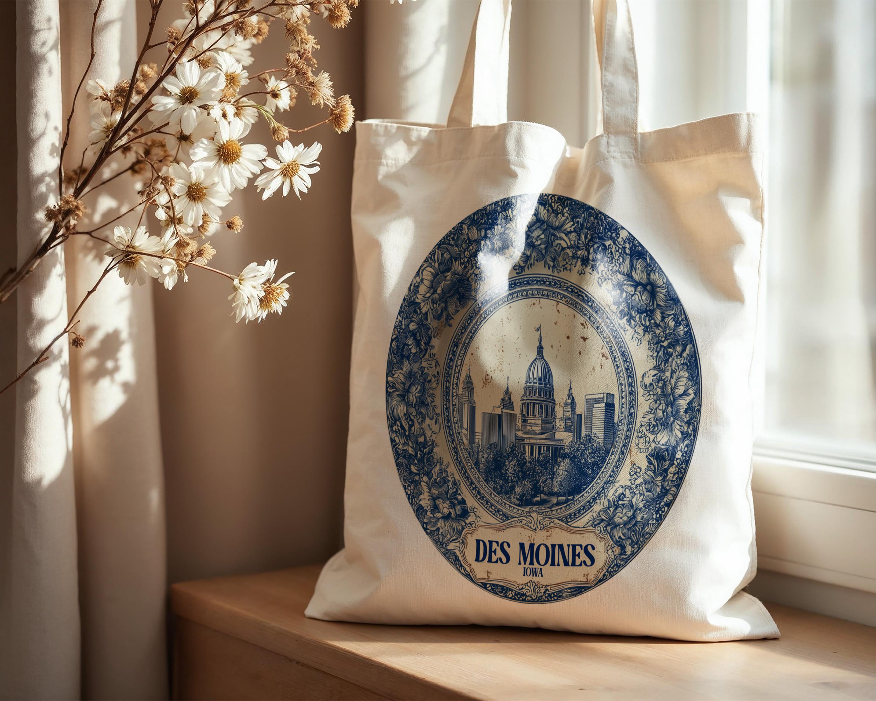 Des Moines Iowa Tote Bag, Delft Style Personalized Destination, City Wedding Gift Souvenir Cotton