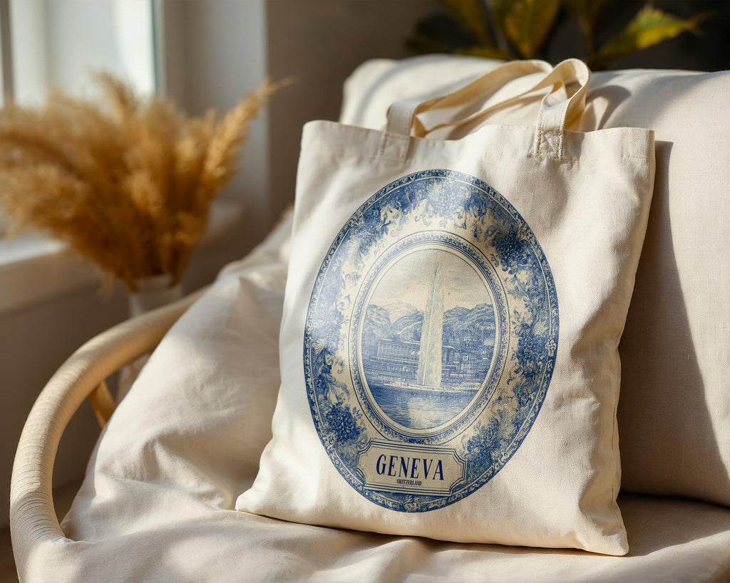Geneva Switzerland Tote Bag, Delft Style Personalized Destination, City Wedding Gift Souvenir Cotton