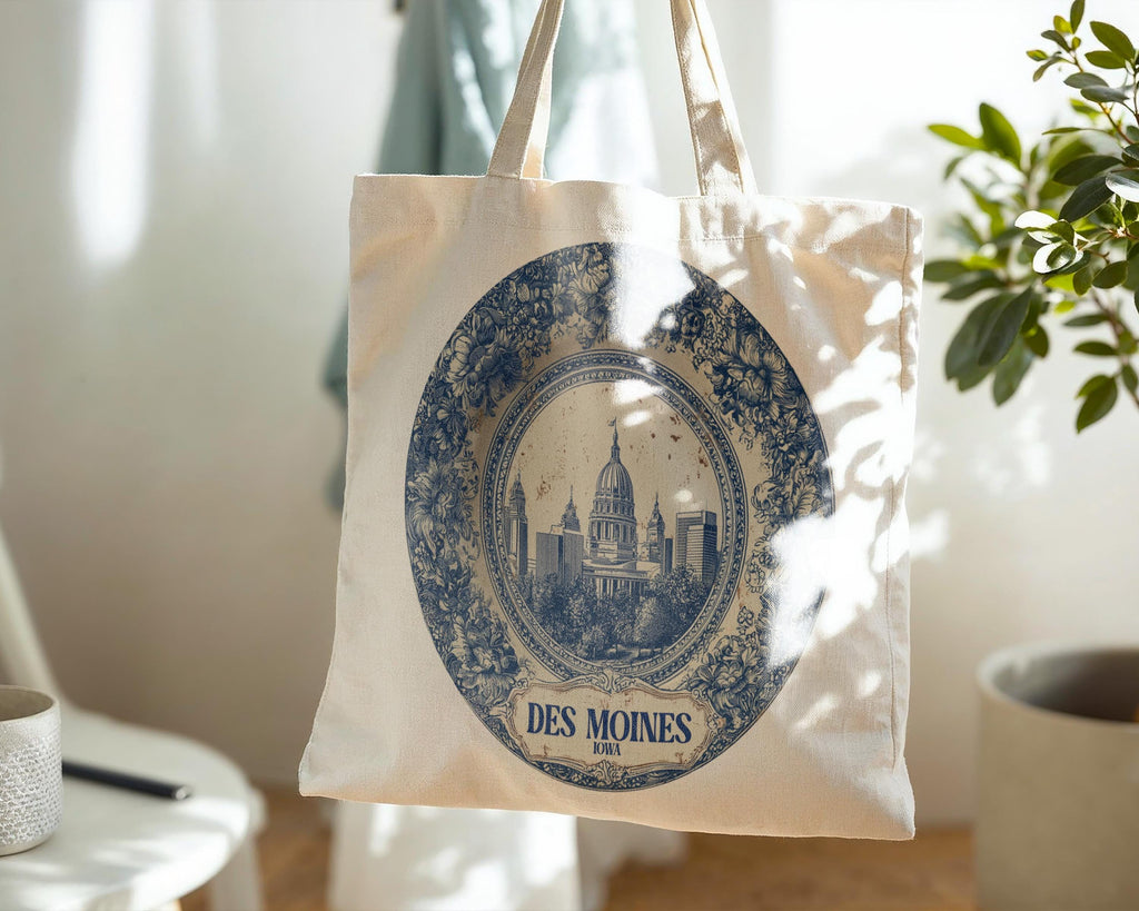 Des Moines Iowa Tote Bag, Delft Style Personalized Destination, City Wedding Gift Souvenir Cotton