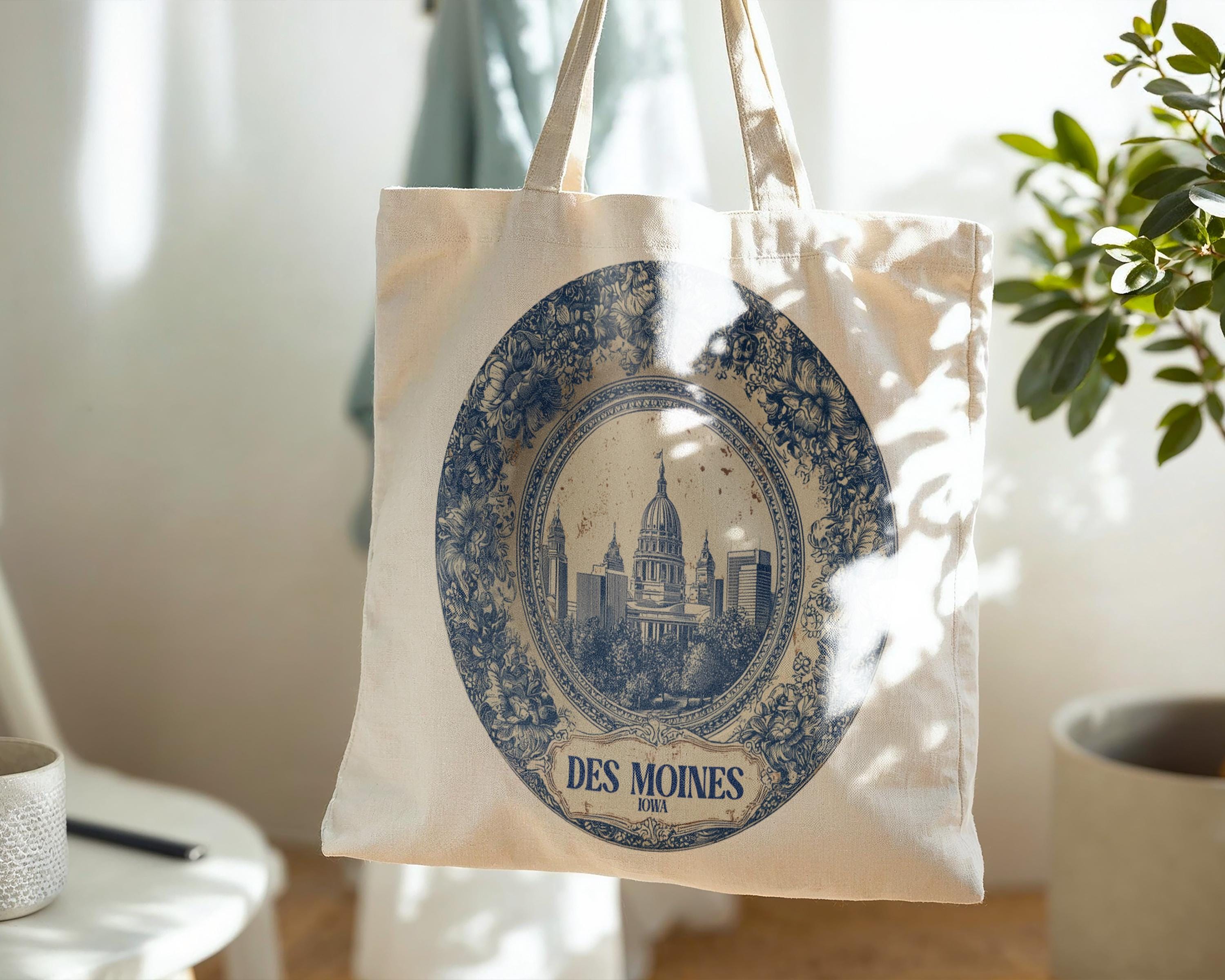 Des Moines Iowa Tote Bag, Delft Style Personalized Destination, City Wedding Gift Souvenir Cotton