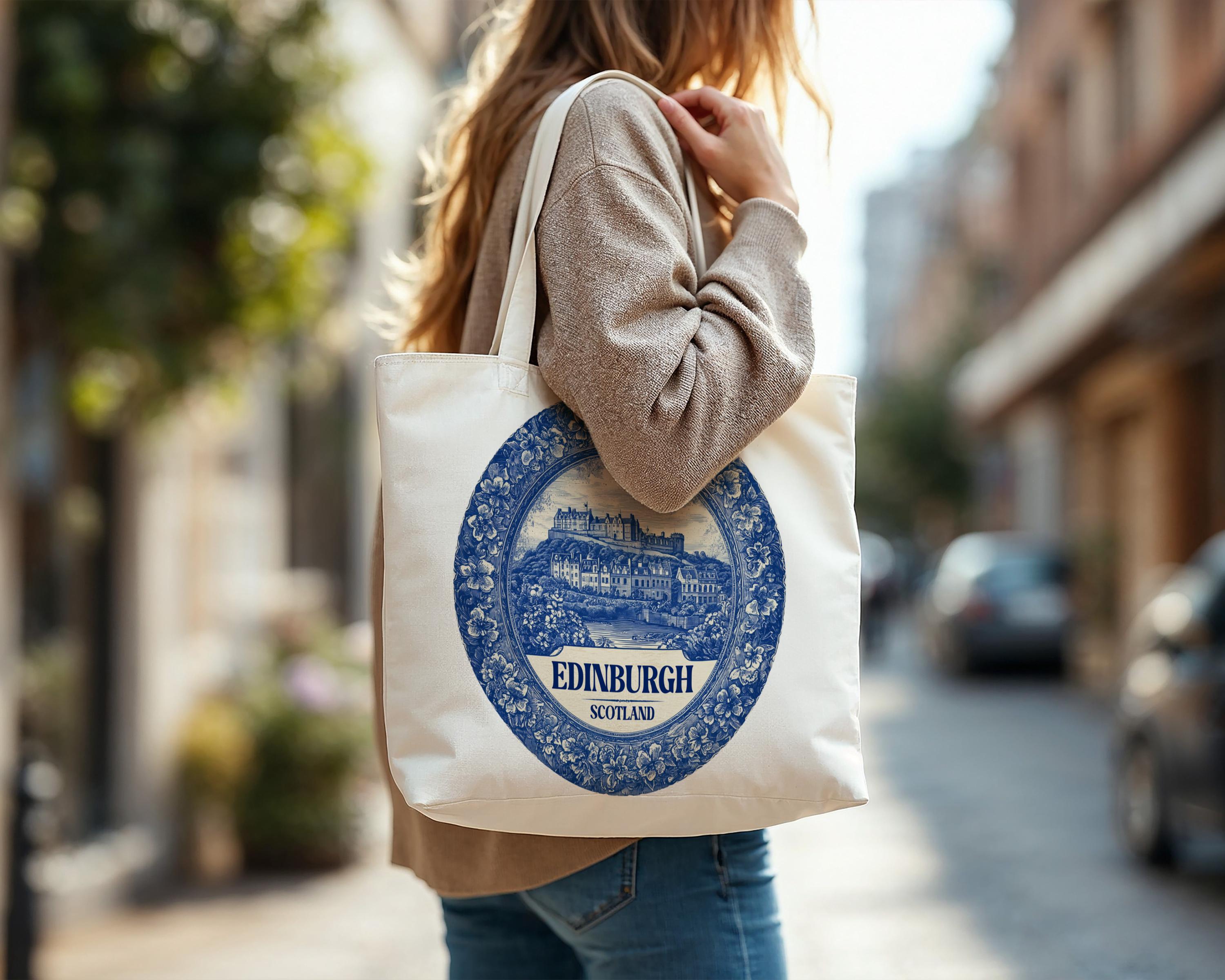 Edinburgh Scotland Tote Bag, Delft Style Personalized Destination, City Wedding Gift Souvenir Cotton