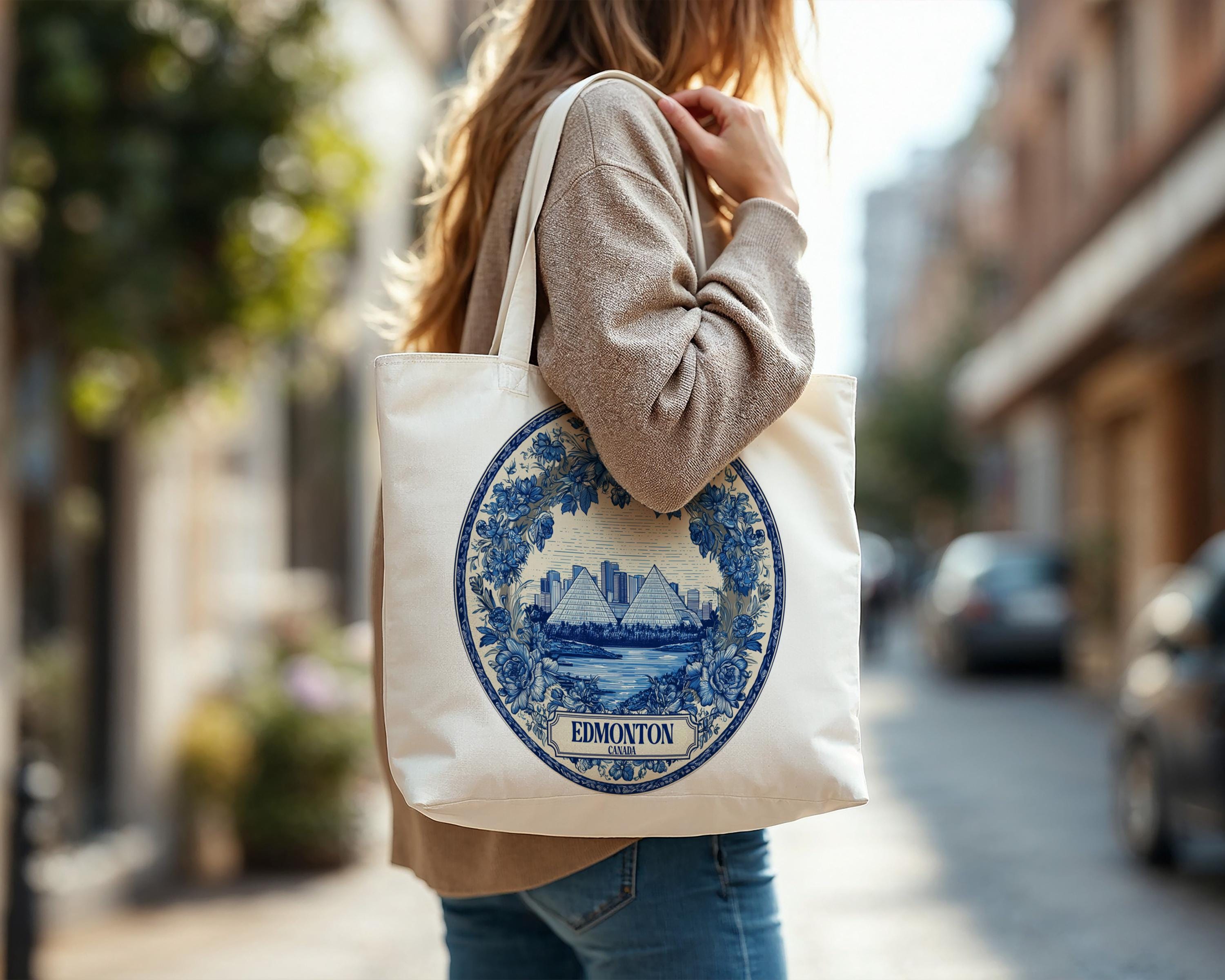 Edmonton Canada Tote Bag, Delft Style Personalized Destination, City Wedding Gift Souvenir Cotton