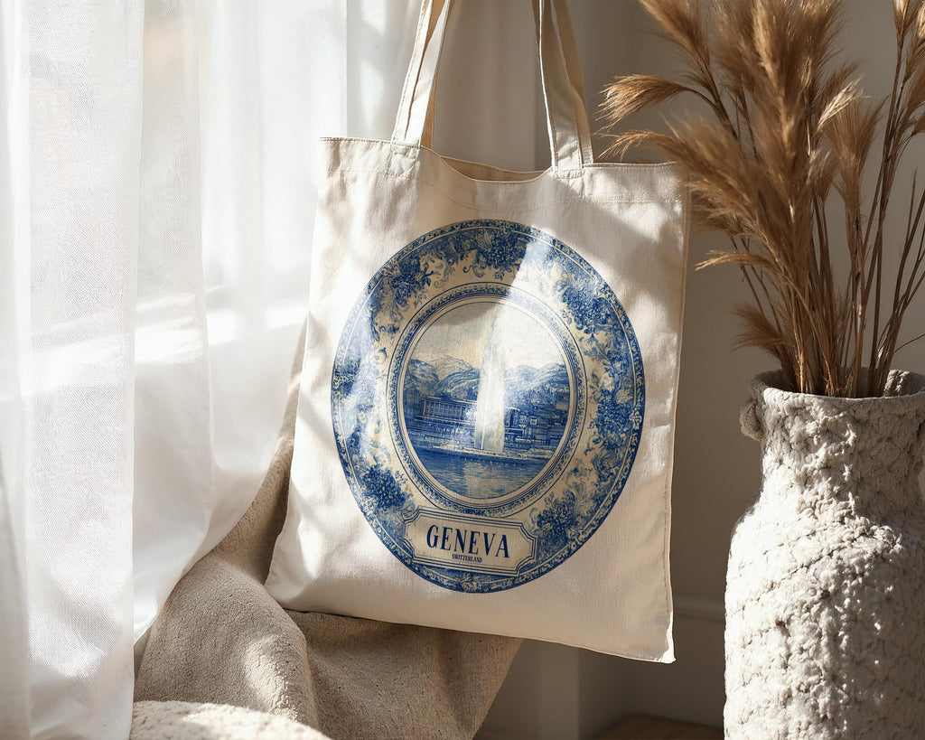 Geneva Switzerland Tote Bag, Delft Style Personalized Destination, City Wedding Gift Souvenir Cotton