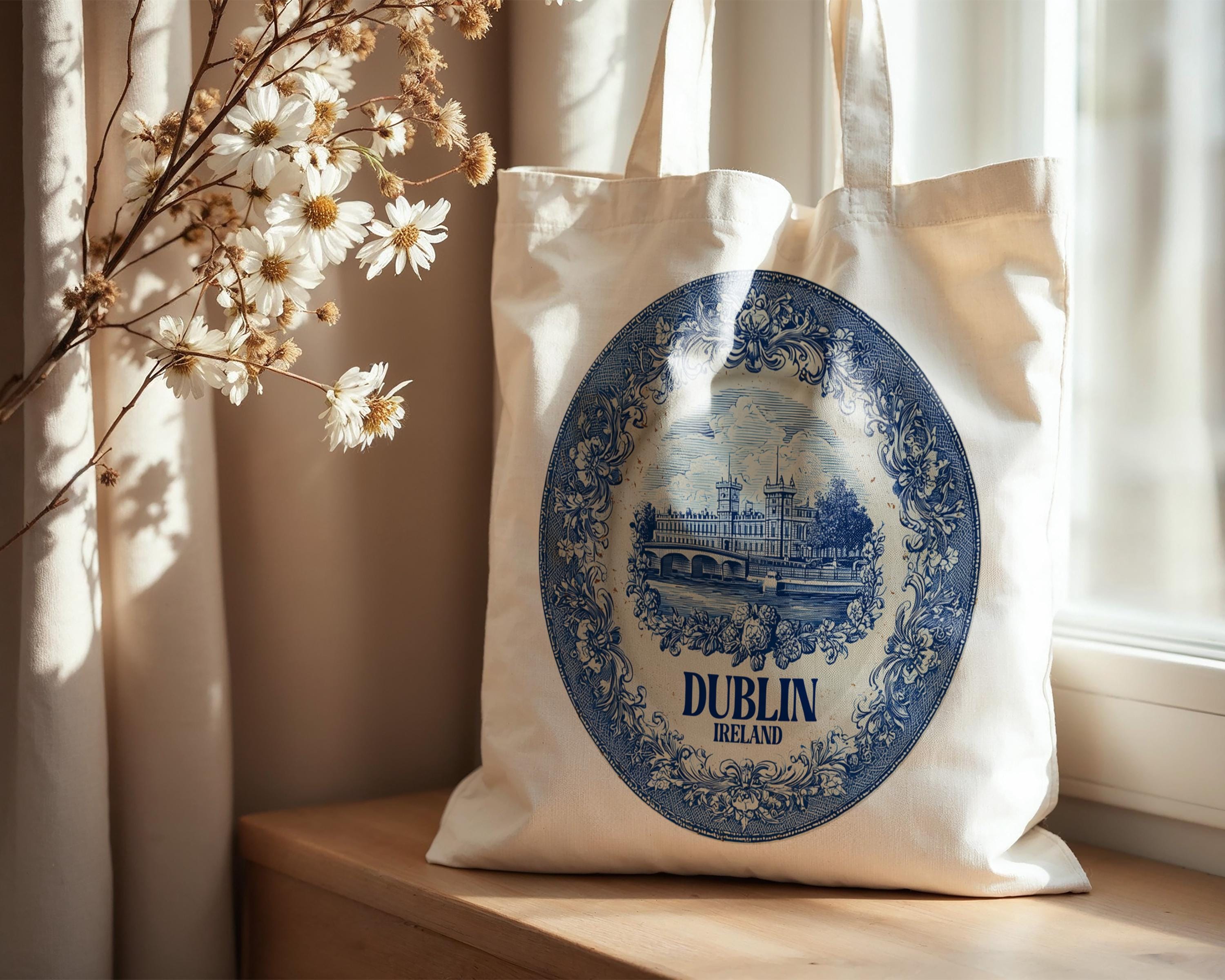 Dublin Ireland Tote Bag, Delft Style Personalized Destination, City Wedding Gift Souvenir Cotton