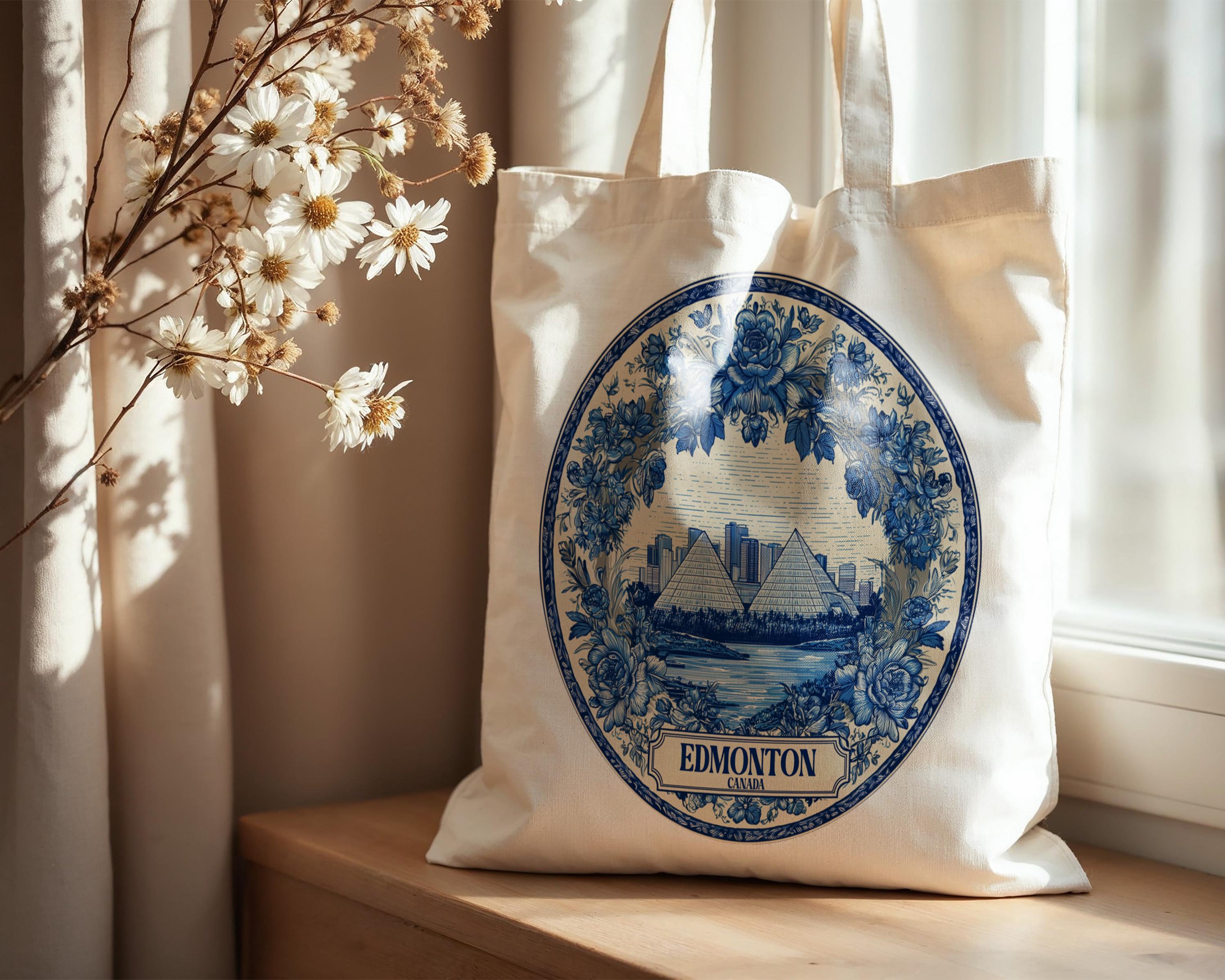 Edmonton Canada Tote Bag, Delft Style Personalized Destination, City Wedding Gift Souvenir Cotton