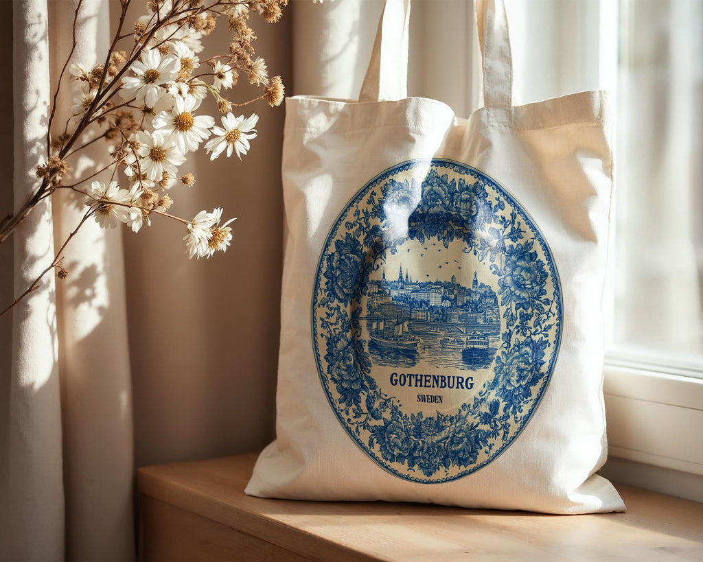 Gothenburg Sweden Tote Bag, Delft Style Personalized Destination, City Wedding Gift Souvenir Cotton