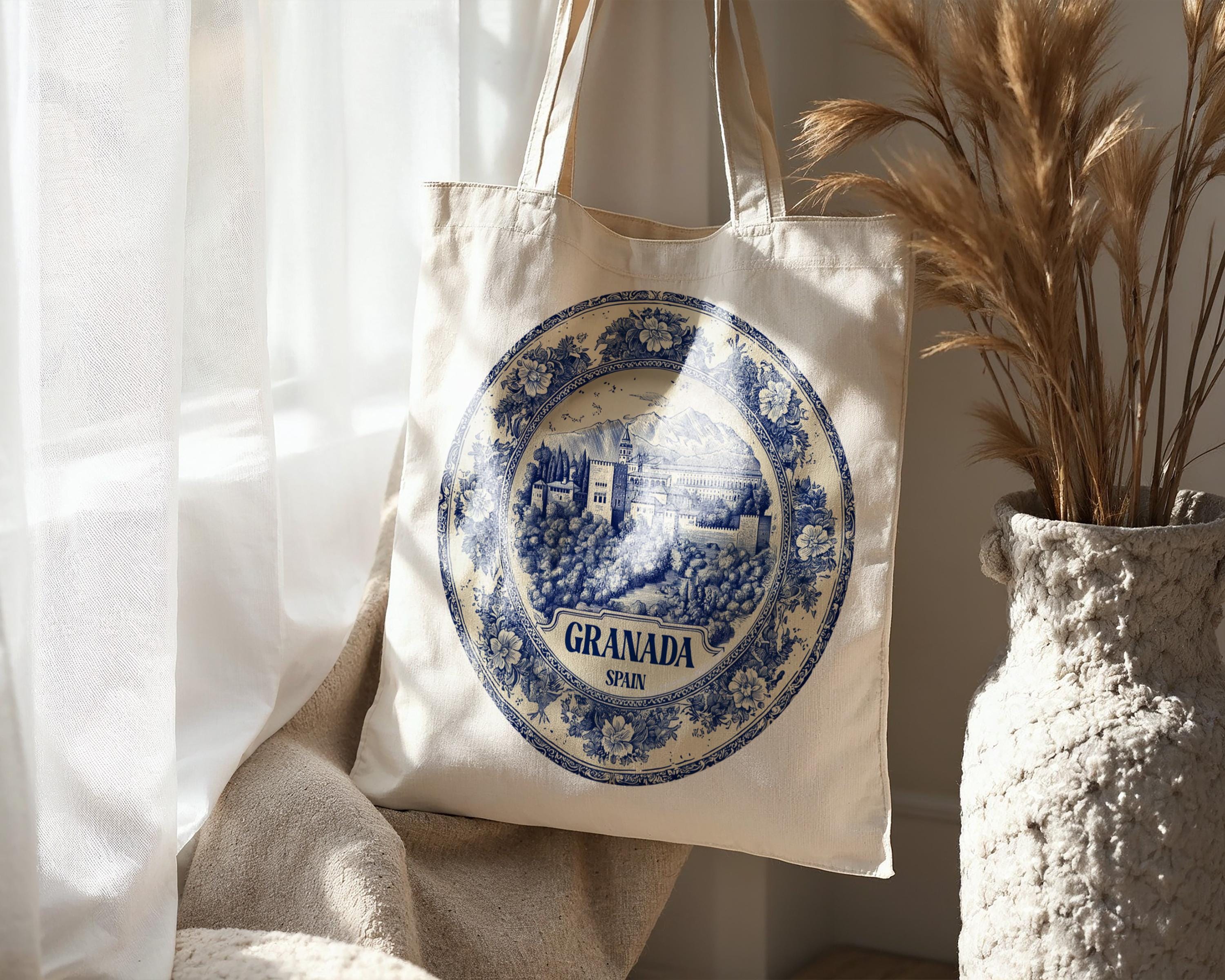 Granada Spain Tote Bag, Delft Style Personalized Destination, City Wedding Gift Souvenir Cotton