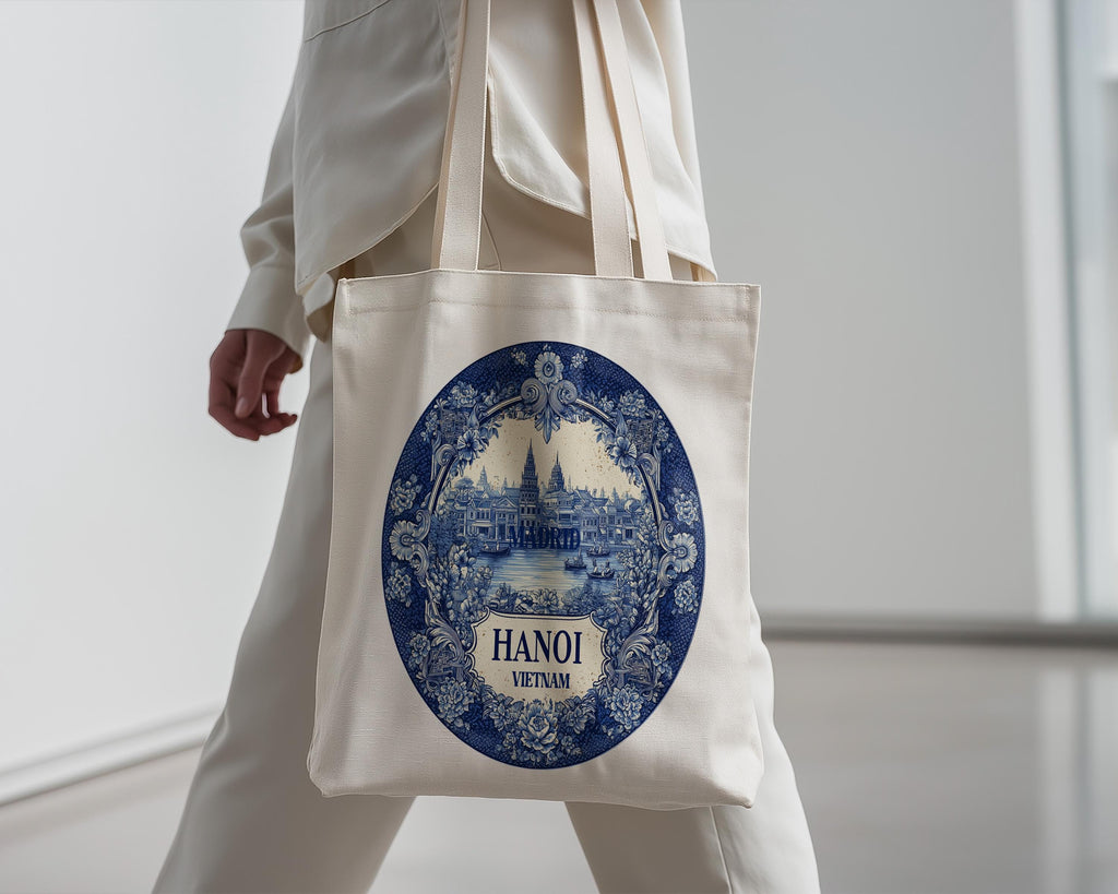 Hanoi Vietnam Tote Bag, Delft Style Personalized Destination, City Wedding Gift Souvenir Cotton