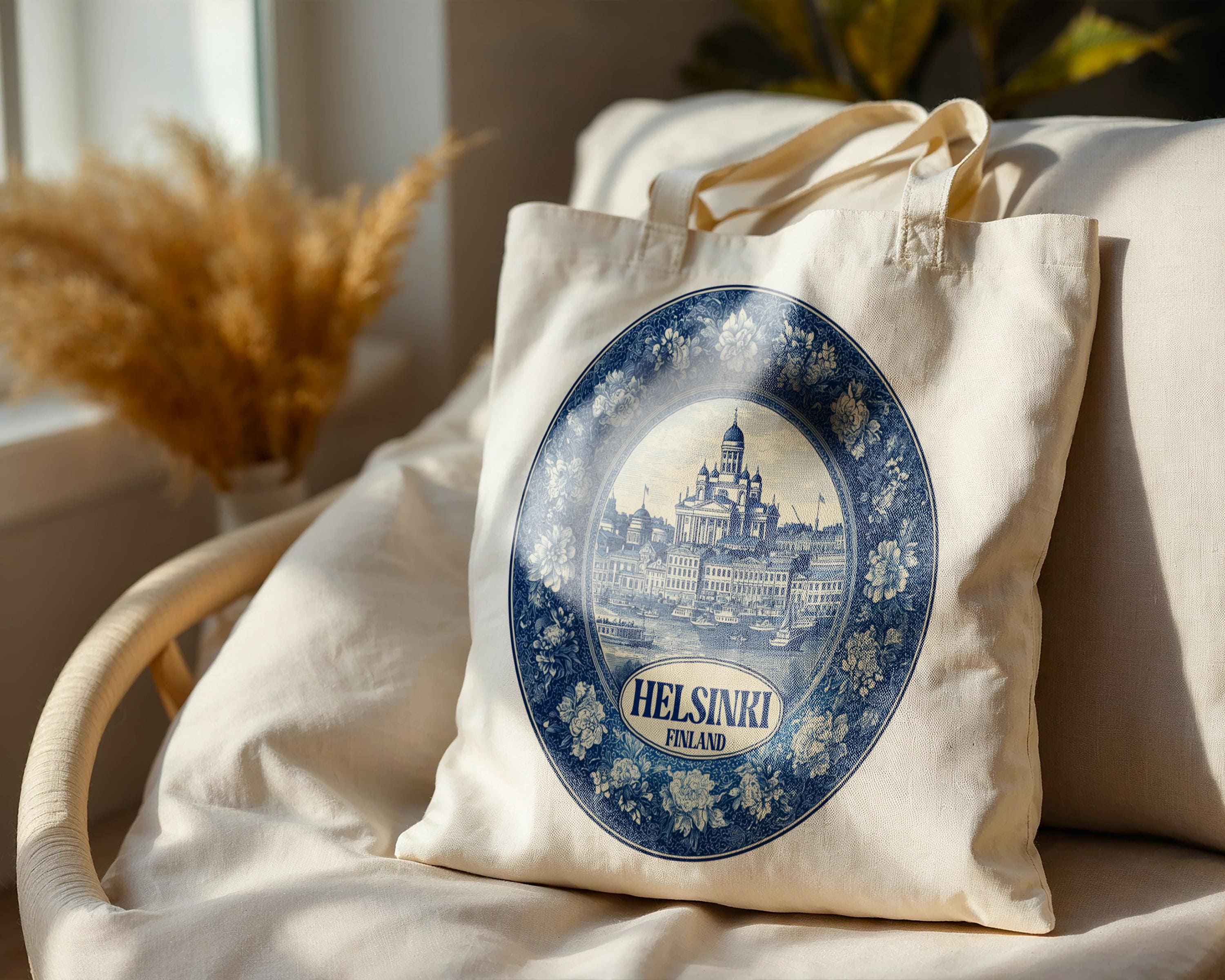 Helsinki Finland Tote Bag, Delft Style Personalized Destination, City Wedding Gift Souvenir Cotton