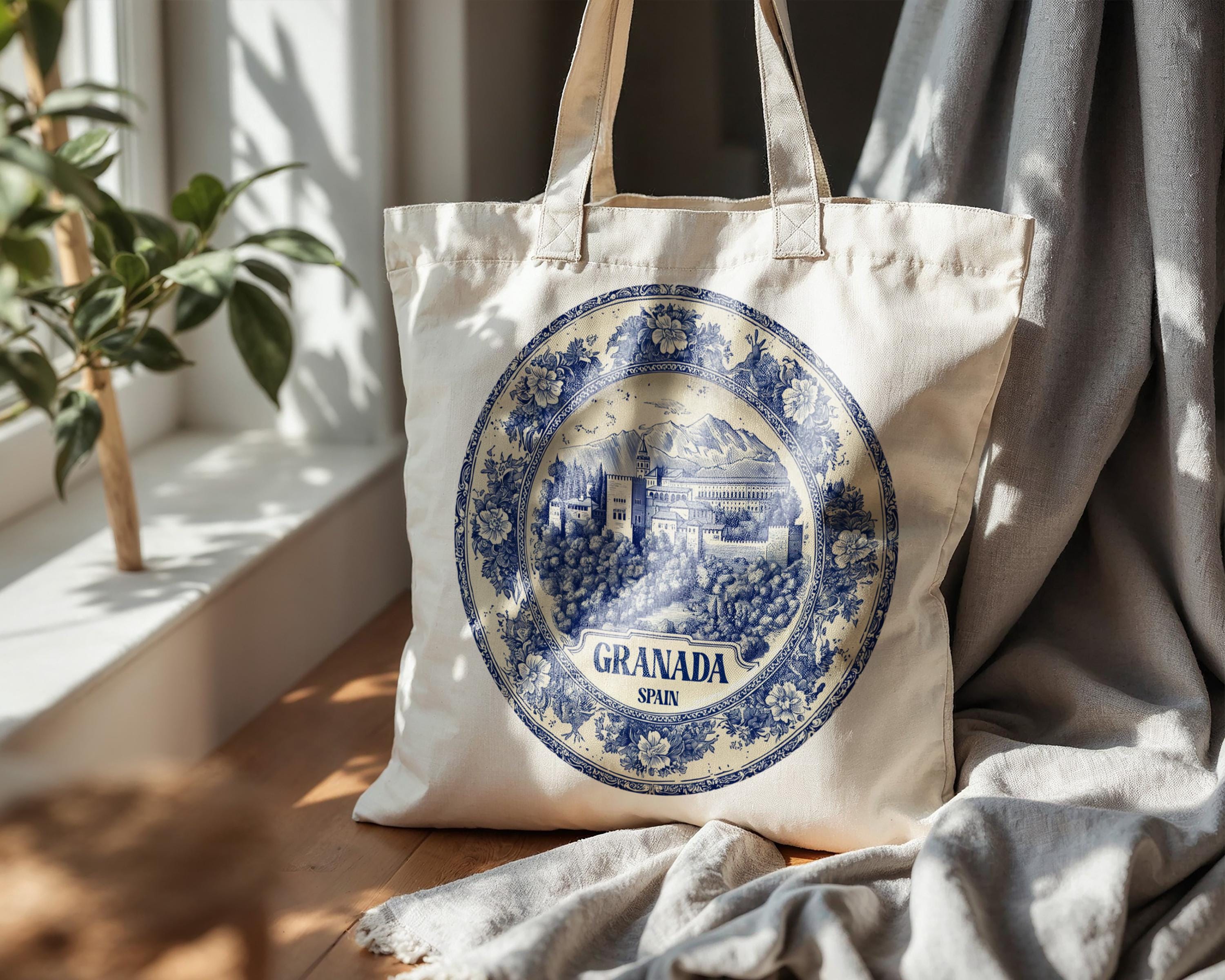Granada Spain Tote Bag, Delft Style Personalized Destination, City Wedding Gift Souvenir Cotton