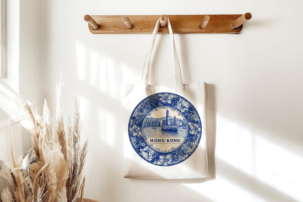 Hong Kong Tote Bag, Delft Style Personalized Destination, City Wedding Gift Souvenir Cotton