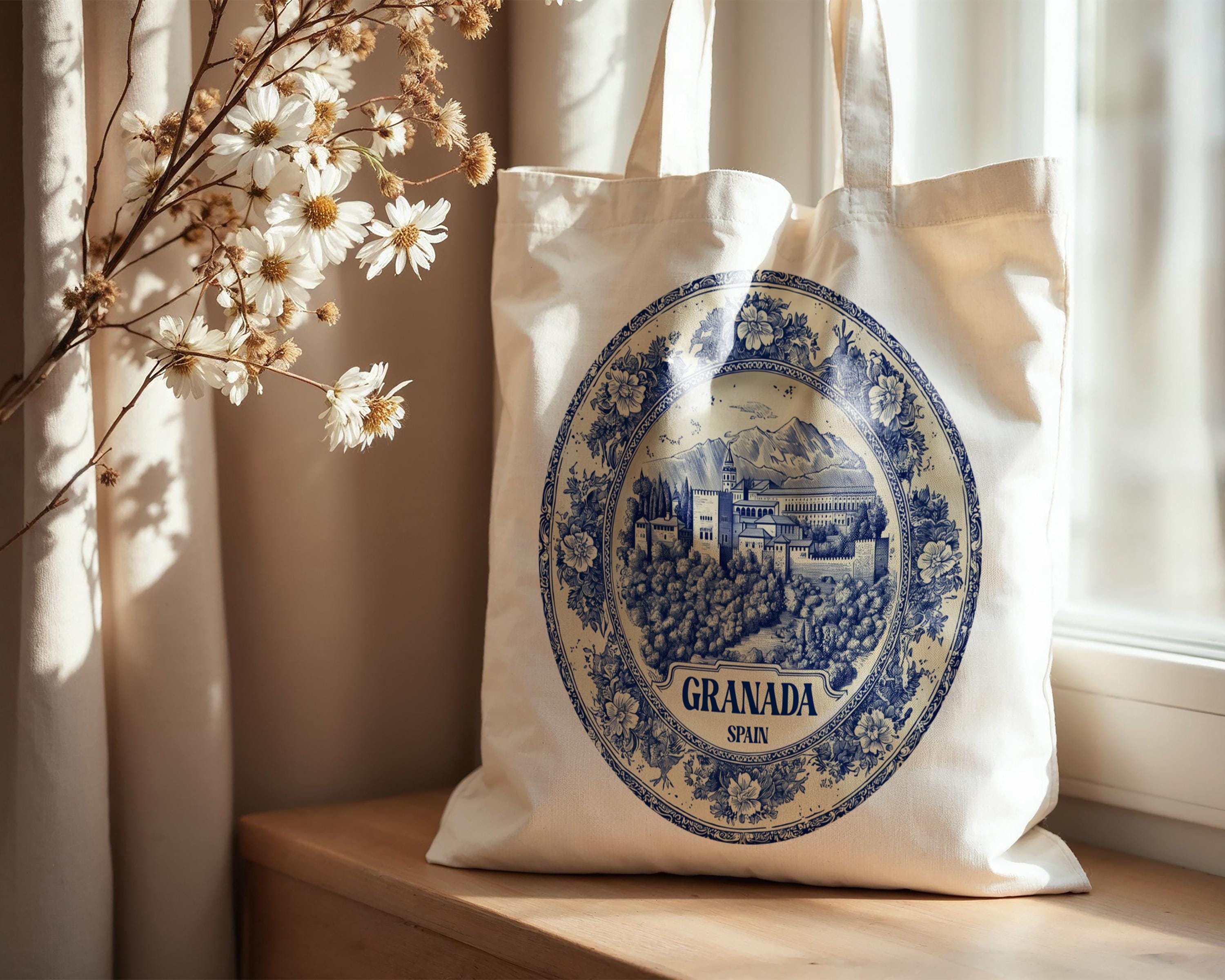 Granada Spain Tote Bag, Delft Style Personalized Destination, City Wedding Gift Souvenir Cotton