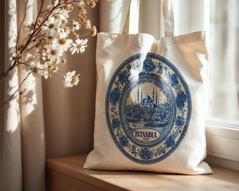 Istanbul Turkey Tote Bag, Delft Style Personalized Destination, City Wedding Gift Souvenir Cotton