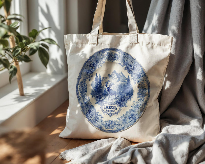 Jackson Wyoming Tote Bag, Delft Style Personalized Destination, City Wedding Gift Souvenir Cotton