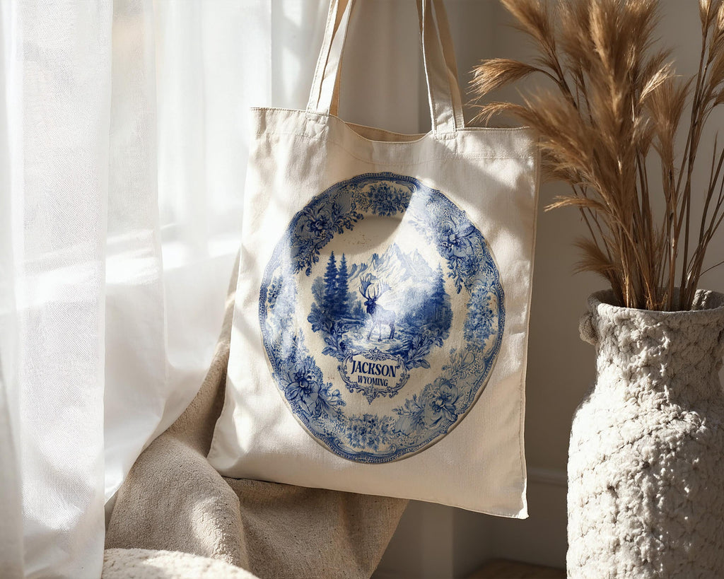 Jackson Wyoming Tote Bag, Delft Style Personalized Destination, City Wedding Gift Souvenir Cotton