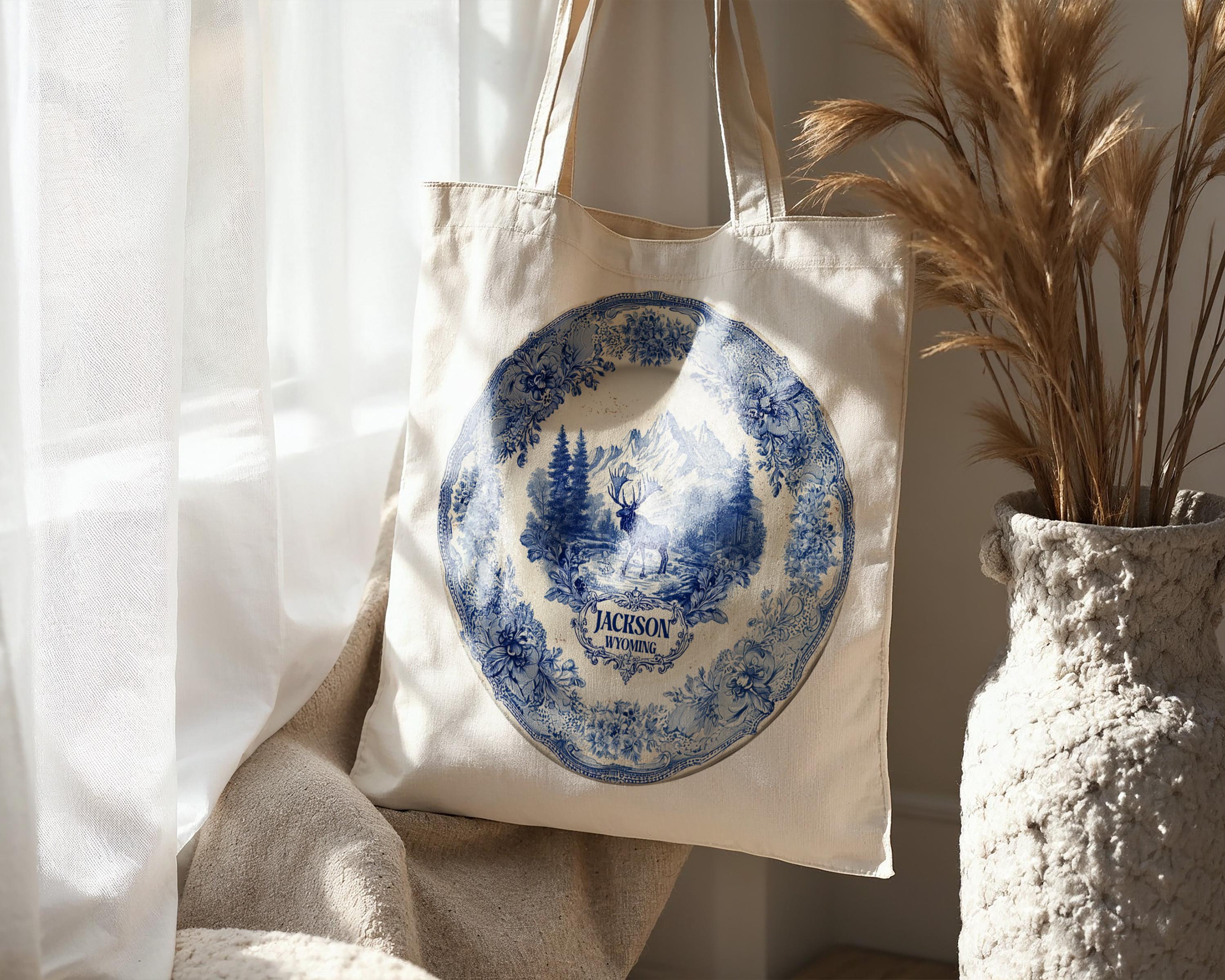 Jackson Wyoming Tote Bag, Delft Style Personalized Destination, City Wedding Gift Souvenir Cotton