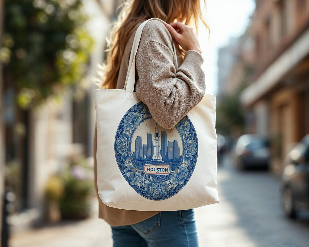 Houston Texas Tote Bag, Delft Style Personalized Destination, City Wedding Gift Souvenir Cotton