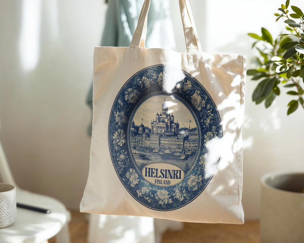 Helsinki Finland Tote Bag, Delft Style Personalized Destination, City Wedding Gift Souvenir Cotton