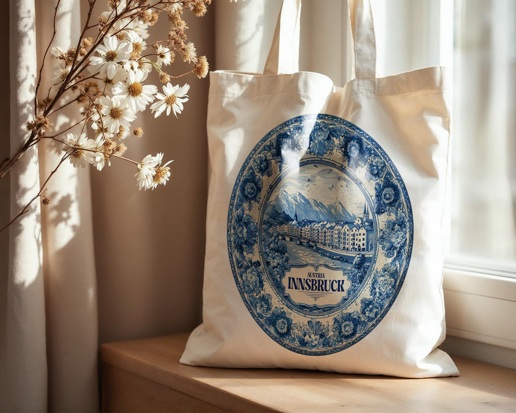 Innsbruck Austria Tote Bag, Delft Style Personalized Destination, City Wedding Gift Souvenir Cotton