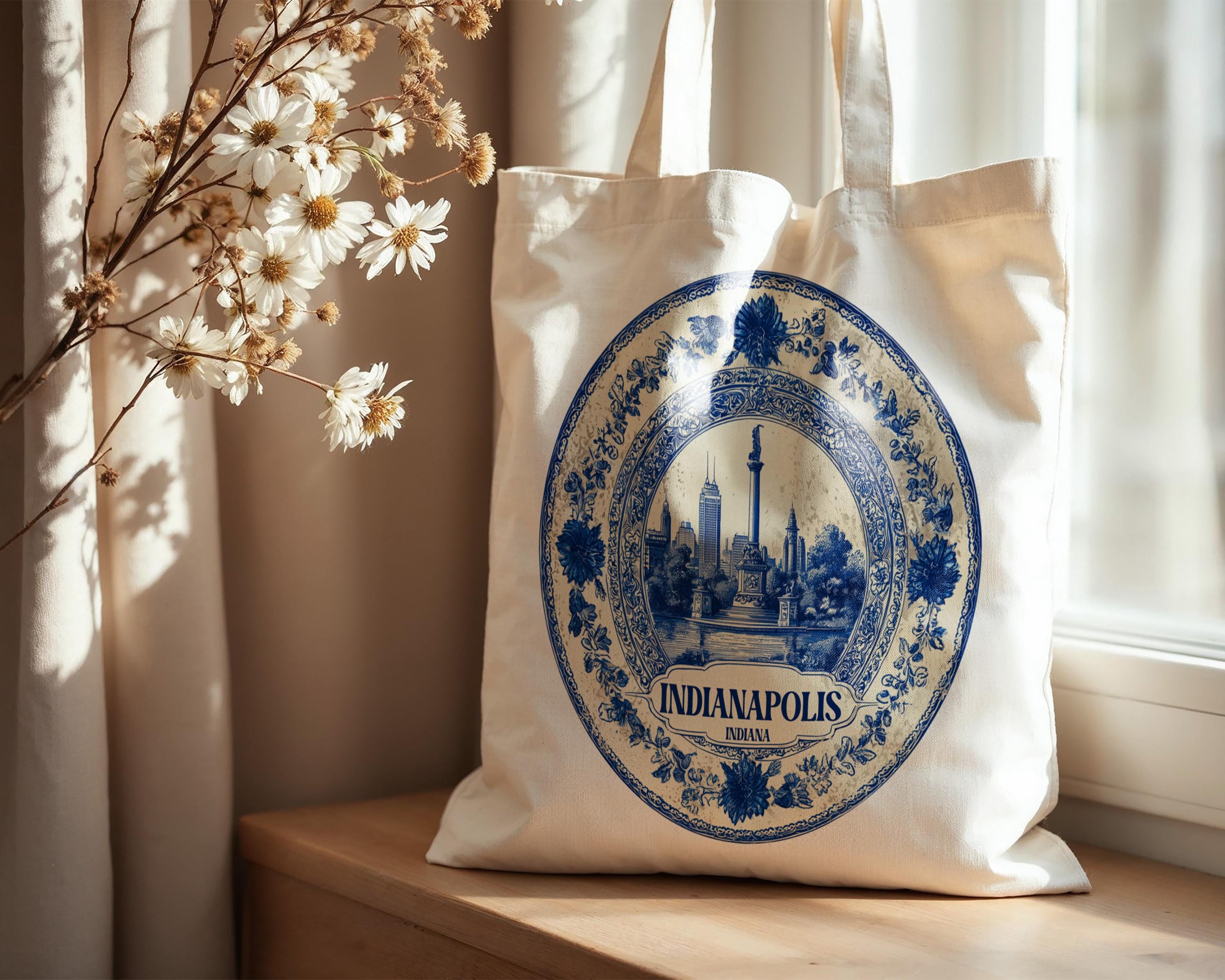 Indianapolis Indiana Tote Bag, Delft Style Personalized Destination, City Wedding Gift Souvenir Cotton