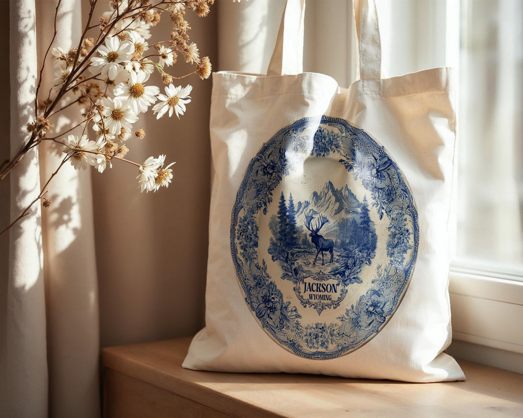 Jackson Wyoming Tote Bag, Delft Style Personalized Destination, City Wedding Gift Souvenir Cotton