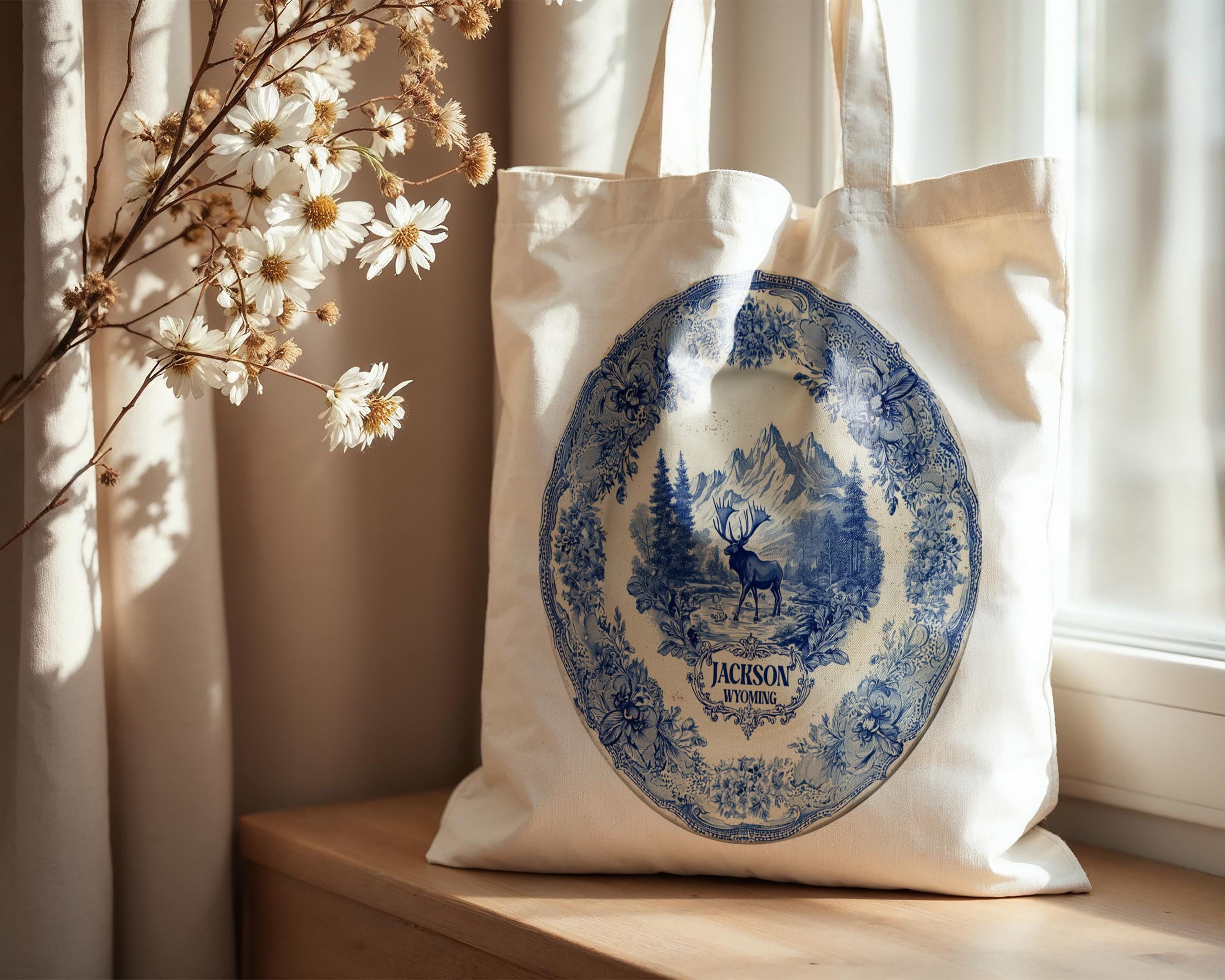Jackson Wyoming Tote Bag, Delft Style Personalized Destination, City Wedding Gift Souvenir Cotton